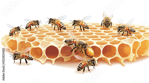 A high-angle, close-up shot depicts multiple honeybees crawling on a section of honeycomb against a white background. The honeycomb is light golden yellow, showing hexagonal cells, some filled with