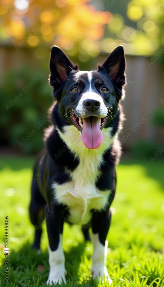Playful black and white dog sticking out tongue in backyard, outdoor, cute, black and white Playful black and white dog sticking out tongue in backyard, outdoor, cute, black and white