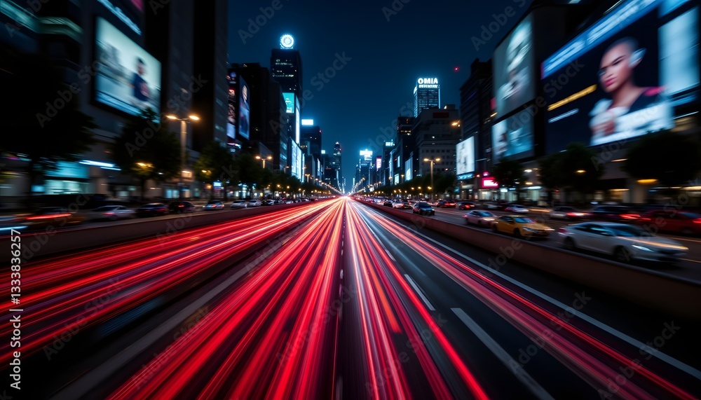 The abstract image depicts a bustling night city scene with streaks of car head lights creating a mesmerizing traffic pattern, capturing the vibrant energy of urban life. The abstract image depicts a bustling night city scene with streaks of car head lights creating a mesmerizing traffic pattern, capturing the vibrant energy of urban life.