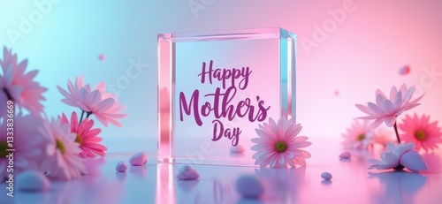 An iridescent Mother's Day greeting card with a holographic pastel sheen, floating above a futuristic glass surface