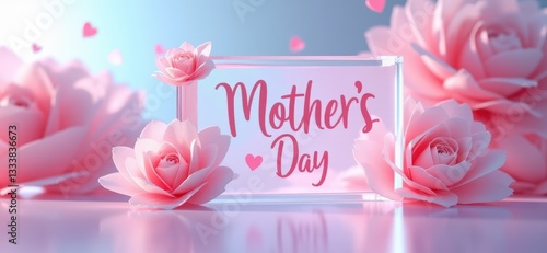 An iridescent Mother's Day greeting card with a holographic pastel sheen, floating above a futuristic glass surface