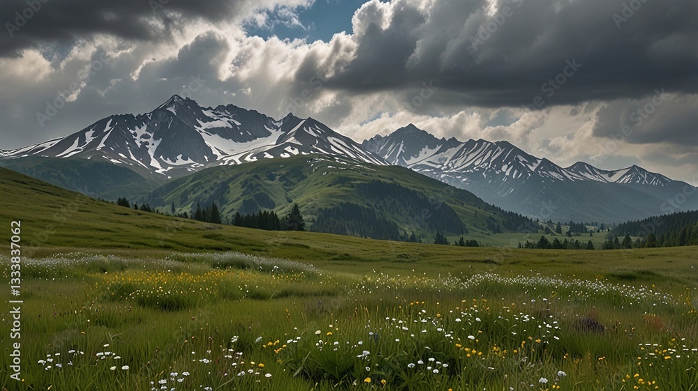 Obraz premium Serene Mountain Meadow Under A Dramatic Sky, Wildflowers Blooming Peacefully Amidst Majestic Snow-capped Peaks
