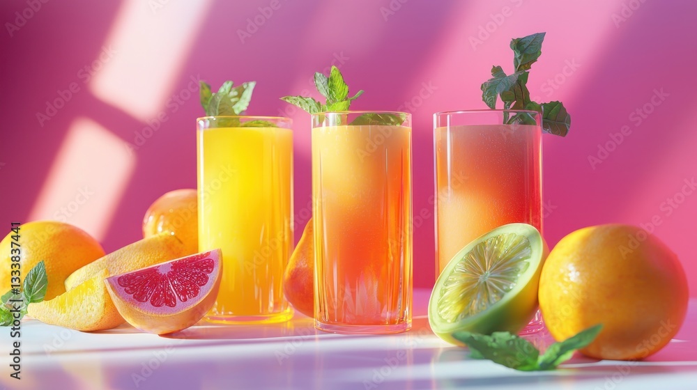 Fototapeta premium Three glasses of fruit juice with vibrant ingredients shown