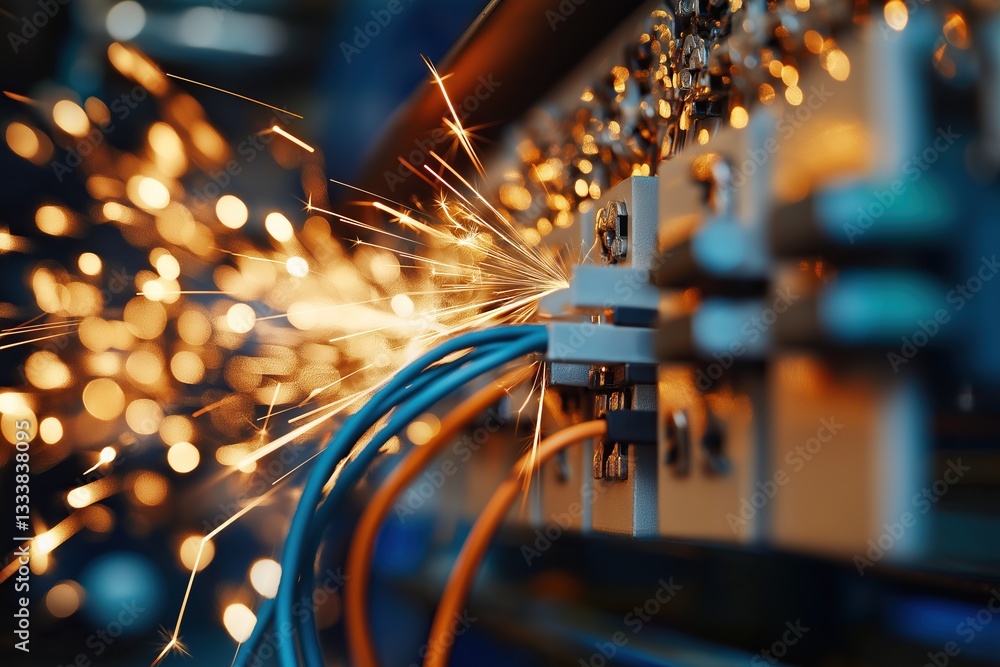 Fototapeta premium Electrical circuit failure, sparks flying from overloaded wiring, short circuit hazard in industrial panel
