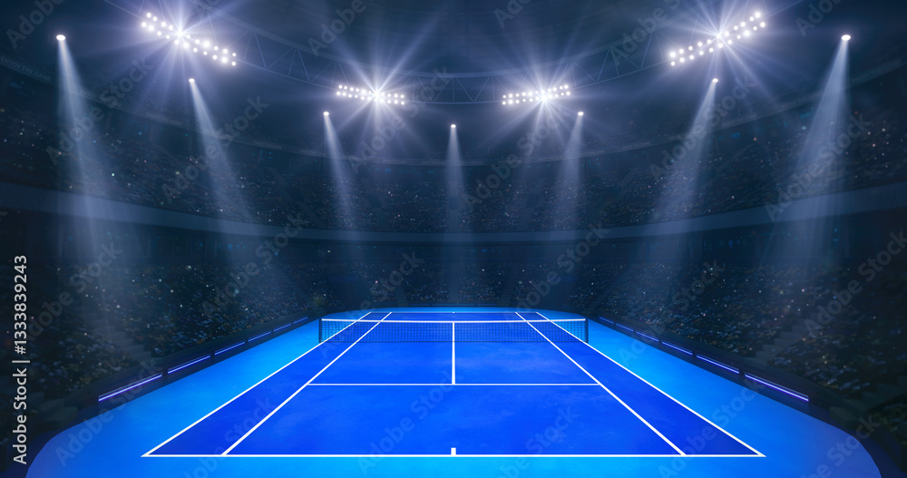 Naklejka premium Glorious tennis blue court ready for epic match in a sports stadium full of thrilled fans, professional tennis sports background for advertisement.