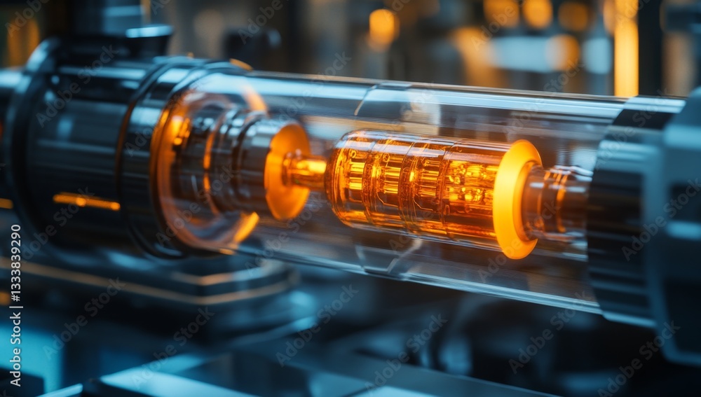 Obraz premium High-tech internal machinery with glowing components. Clear casing reveals intricate internal mechanisms