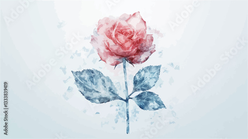 The image presents a stylized rose depicted in a watercolor-like style. The rose is predominantly red/pink, while its leaves and stem are rendered in shades of blue.  The petals and leaves appear