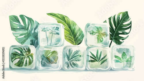 Digital illustration depicting various tropical leaves, including monstera leaves, frozen within translucent ice cubes.  The leaves are vibrant green and realistically rendered, with visible