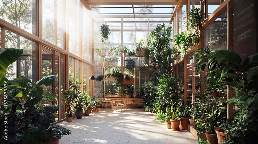 Show me an interior greenhouse attached to a 4 unit apartment building based around shared spaces, generate AI Show me an interior greenhouse attached to a 4 unit apartment building based around shared spaces, generate AI