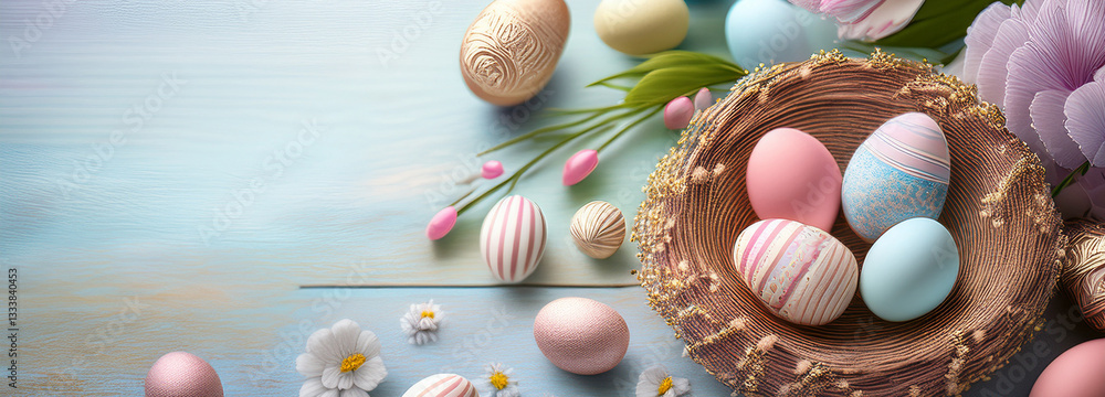 Easter's Day background thematic with eggs in a basket and flowers Easter's Day background thematic with eggs in a basket and flowers