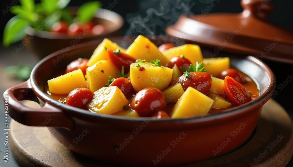 Steaming hot potato and chorizo stew in a clay pot, olive oil, warm Steaming hot potato and chorizo stew in a clay pot, olive oil, warm