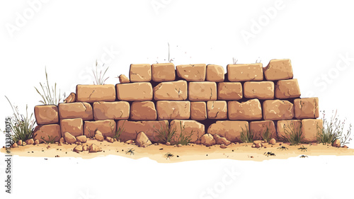 A digitally painted or illustrated image depicting a low section of a ruined stone wall against a white background. The wall is composed of rectangular, light brownish-beige stones, many of which