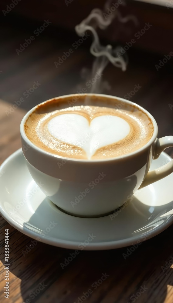 Steaming milk froth forms heart shape on cup surface, white saucer, rustic ceramic
