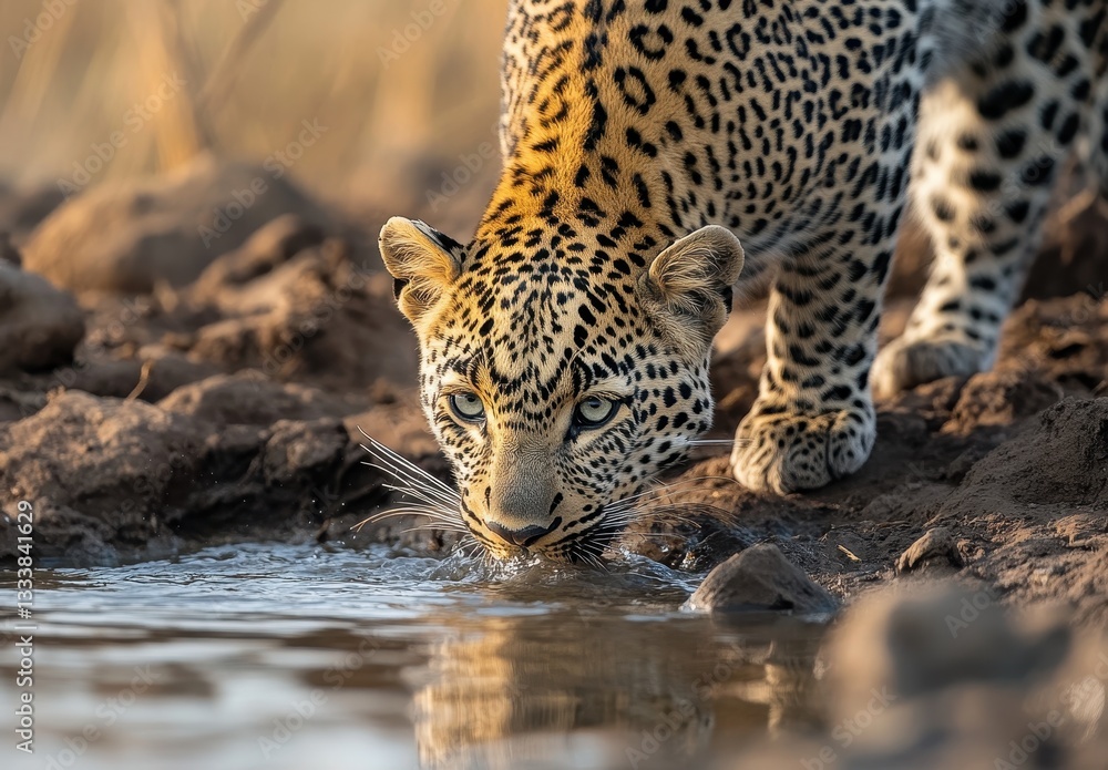 Obraz premium Majestic Leopard Drinking from Water Source Under Soft Morning Light in Natural Habitat Featuring Unique Spots and Graceful Posture
