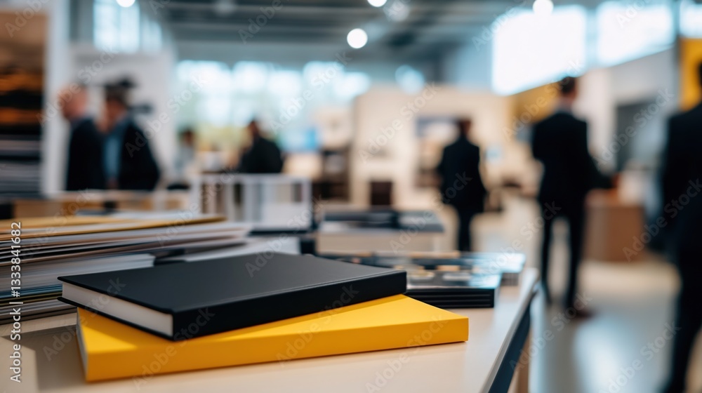 A stack of color samples and design materials on display at an interior architecture exhibition, with people in suits blurred out in the background A stack of color samples and design materials on display at an interior architecture exhibition, with people in suits blurred out in the background