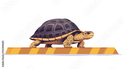 Digital illustration of a tortoise walking across a low, yellow and brown striped barrier. The tortoise is depicted in detail, showing its shell, legs, and head. The style is cartoonish or