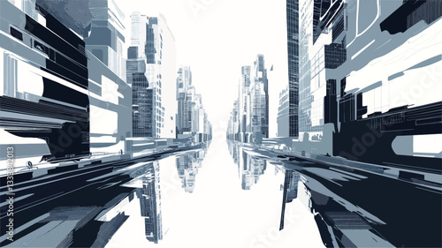 The image is a digital illustration depicting an abstract cityscape.  It features stylized, geometric representations of buildings in shades of grey and blue, arranged in a symmetrical perspective