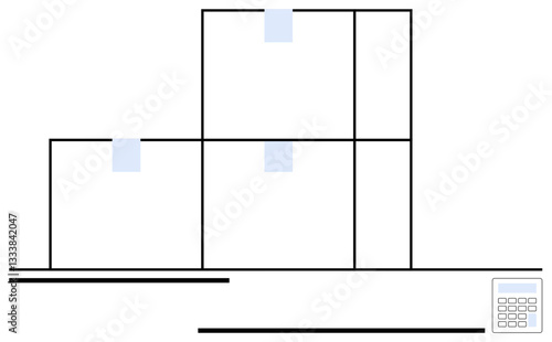 Stacked boxes forming warehouse layout with a digital scanner aside. Ideal for logistics, shipping, supply chain, organization, inventory, storage, workplace, flat simple metaphor