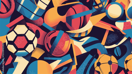 The image is a digital illustration featuring an abstract pattern composed of various stylized sports equipment shapes.  The style is bold and graphic, utilizing a limited color palette of