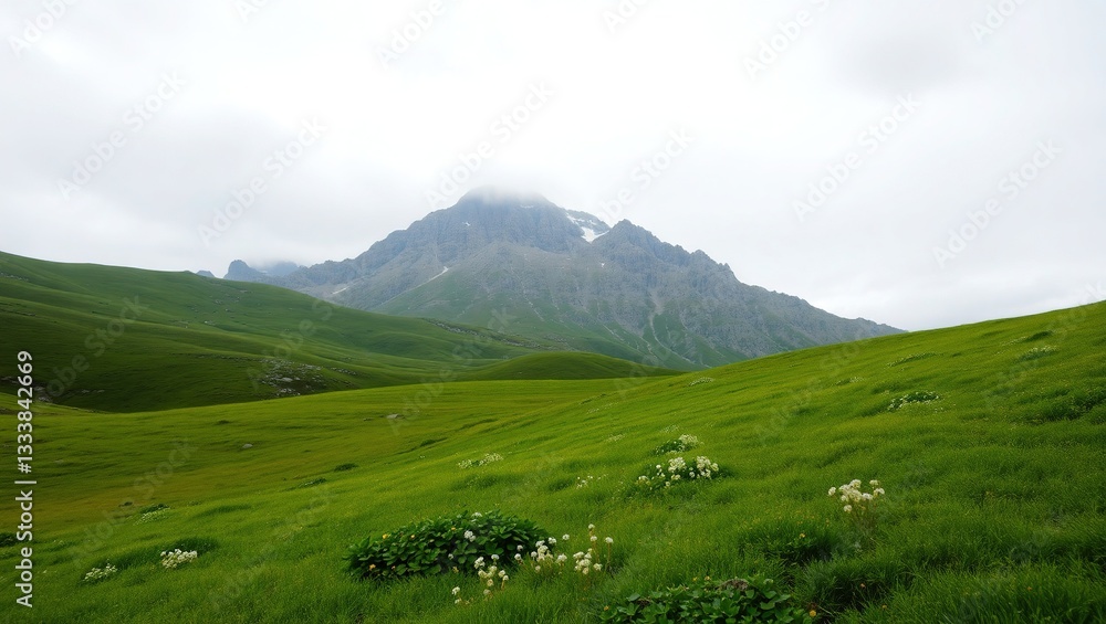 Fototapeta premium Serene Mountain Vista, A Sprawling Green Meadow Gently Rolling Towards A Majestic Peak Under A Soft, Cloudy Sky