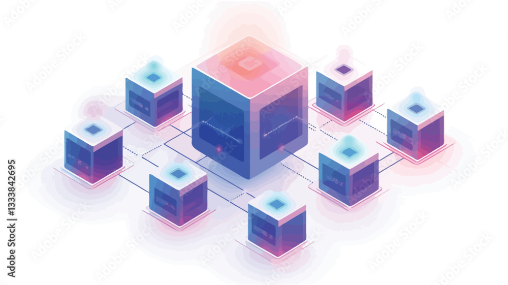 Isometric illustration depicting a network of interconnected data cubes. The central cube is larger and glows with a warm orange/red hue, suggesting a central server or hub. Smaller, similar Isometric illustration depicting a network of interconnected data cubes. The central cube is larger and glows with a warm orange/red hue, suggesting a central server or hub. Smaller, similar