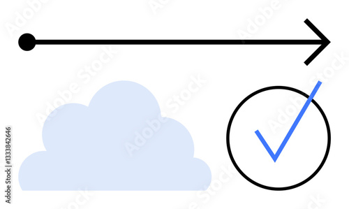 Black arrow pointing forward, light blue cloud, blue checkmark in a circle. Ideal for progress, goals, tasks, cloud services, efficiency business achievements success. Flat simple metaphor