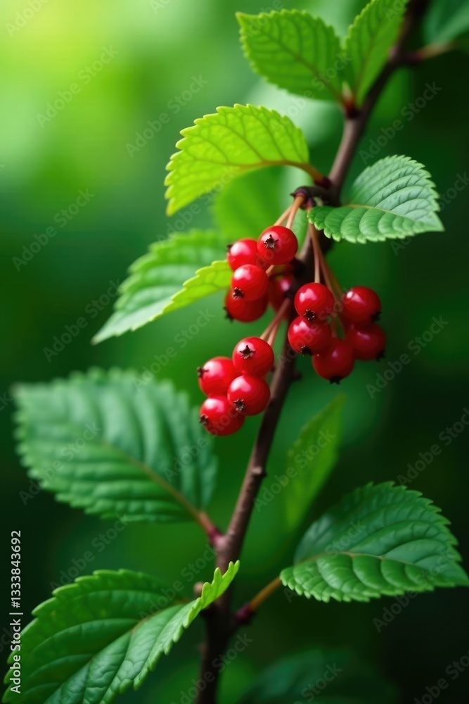 Stem with red berry clusters amidst lush leaves, leaves, greenery Stem with red berry clusters amidst lush leaves, leaves, greenery