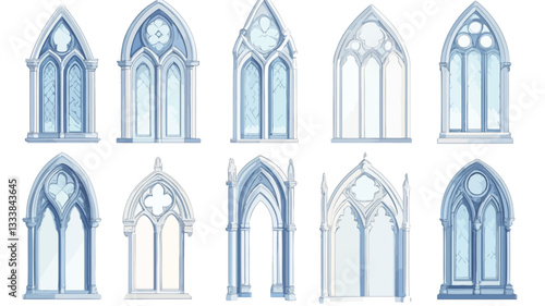 A digital illustration showcasing a collection of twelve different  Gothic-style windows. Each window is depicted in a light blue and gray color palette against a white background.  The windows are