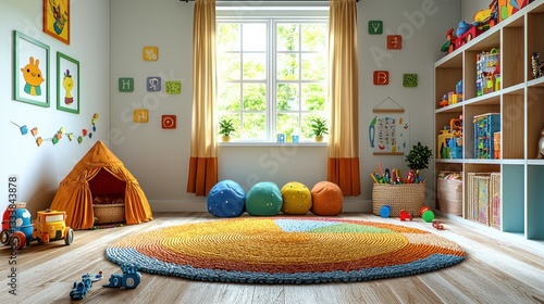 Sunny Playroom with Toys, Rug, and Bookshelves