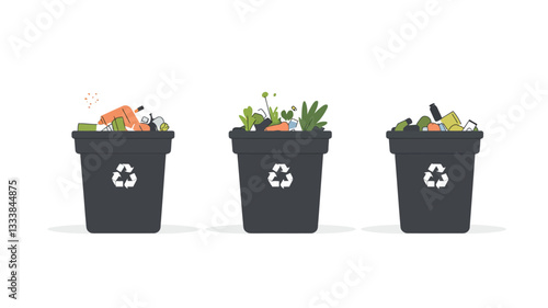 The image shows three dark gray recycling bins in a row against a white background. Each bin contains different types of waste. The first bin contains various non-organic materials, the second bin