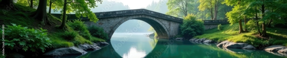 Stone arch bridge over serene river with misty morning light and lush greenery, morning, stone Stone arch bridge over serene river with misty morning light and lush greenery, morning, stone