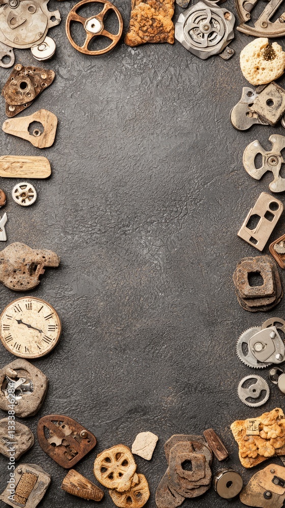 Border of old mechanical parts on stone surface creates frame. Grunge industrial pattern backdrop Border of old mechanical parts on stone surface creates frame. Grunge industrial pattern backdrop