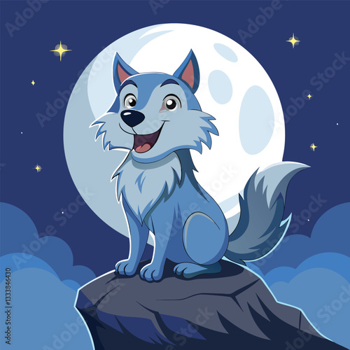  Charming Cartoon Wolf Sitting on a Rock Under a Full Moon