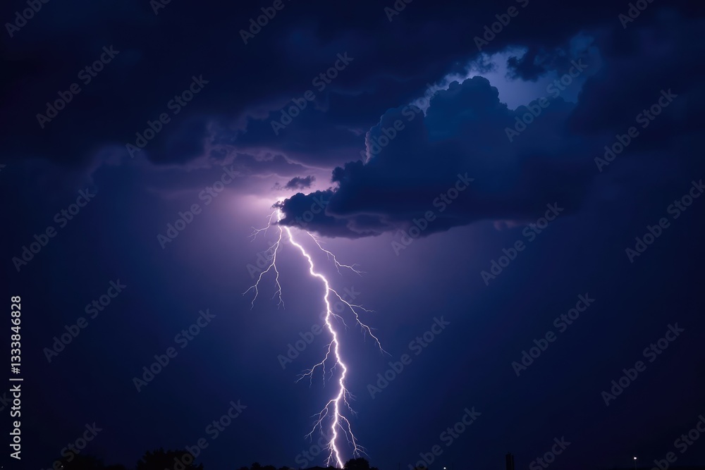 Fototapeta premium Stormy night with lightning illuminating dark sky, cloud,