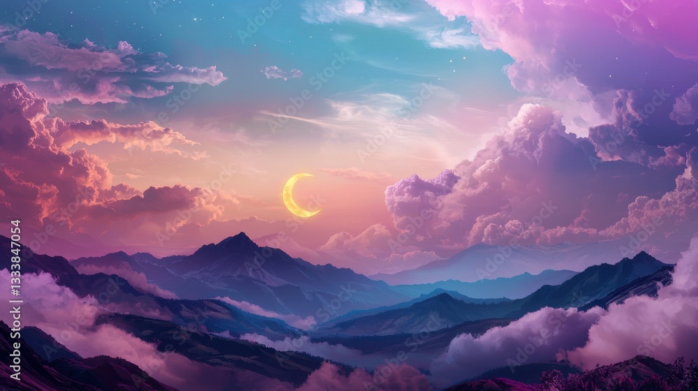 A breathtaking twilight view reveals a mountainous landscape. A crescent moon glows among vibrant clouds, casting gentle light over the distant peaks and valleys A breathtaking twilight view reveals a mountainous landscape. A crescent moon glows among vibrant clouds, casting gentle light over the distant peaks and valleys