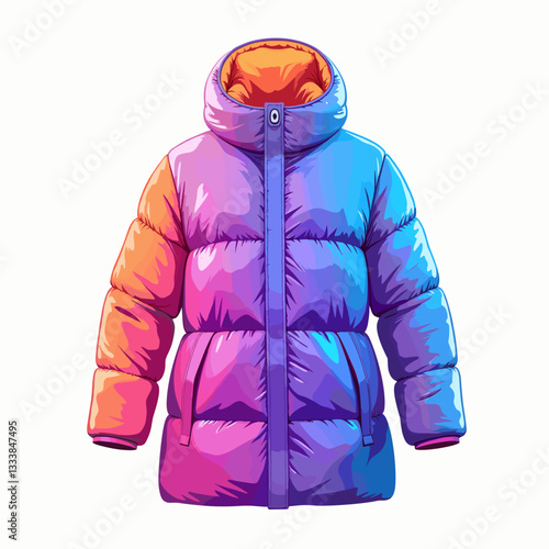 Colorful puffer jacket illustration on white background, stylish fashion