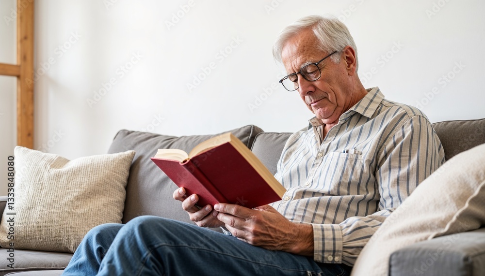 Elderly man reading a book in a cozy living room Elderly man reading a book in a cozy living room