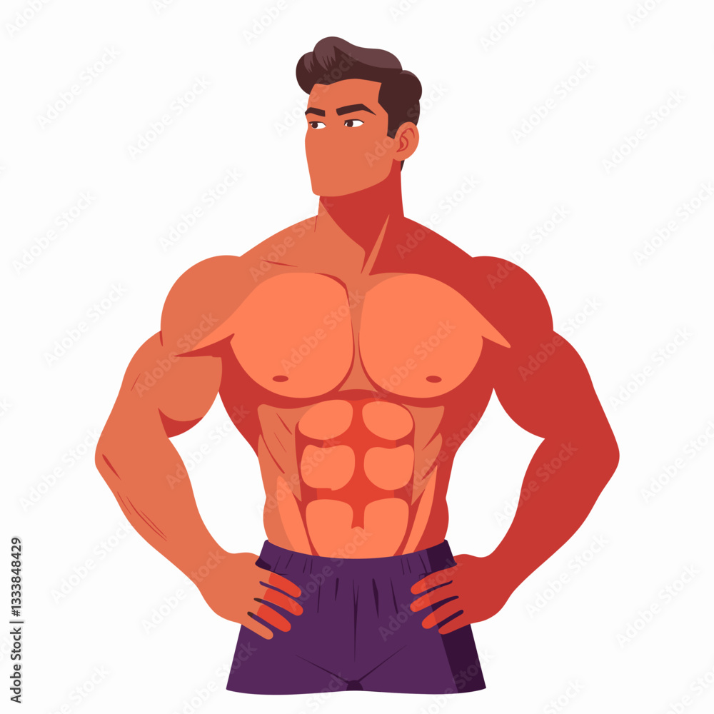 Strong man showcasing muscle recovery, flat vector design Strong man showcasing muscle recovery, flat vector design