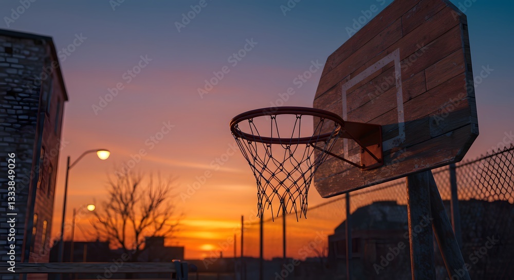 Basketball Hoop at Sunset in Urban Environment with Aged Building Basketball Hoop at Sunset in Urban Environment with Aged Building