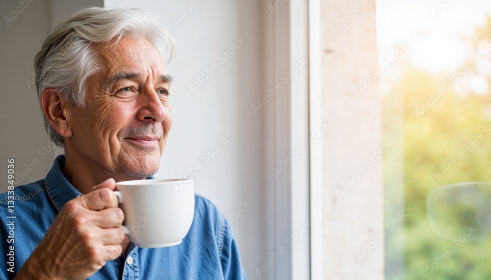 Senior man enjoying a warm cup of tea while looking out the window Senior man enjoying a warm cup of tea while looking out the window
