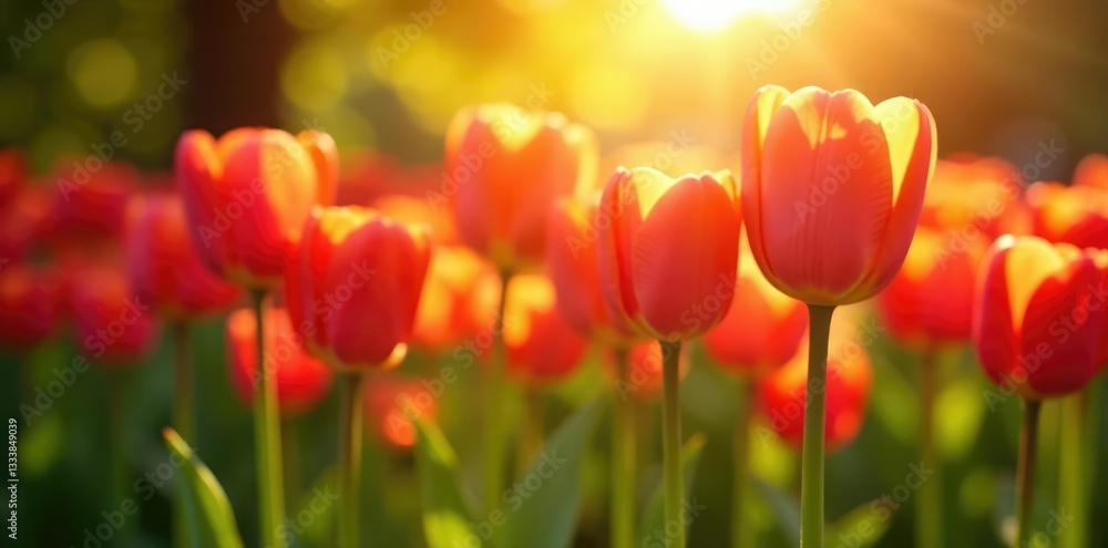 Warm sunlight highlighting tulip petals and stems, sunshine, warm light, nature Warm sunlight highlighting tulip petals and stems, sunshine, warm light, nature
