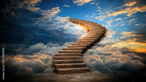 a staircase leading into the clouds, with an abstract soft-lit background, arranged by a professional photographer to capture a dreamlike, otherworldly atmosphere