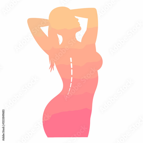 Woman demonstrating back extension in gradient silhouette, fitness concept