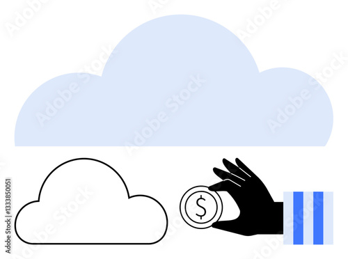 Hand grasping coin near abstract cloud illustration, conveying cost management in cloud services. Ideal for finance, technology, digital economy, cloud computing, innovation, investment tools, flat