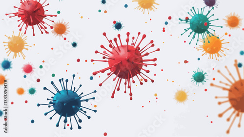 The image is a close-up shot of numerous colorful paint splashes on a white background.  The splashes vary in size and color, with some resembling stylized virus or microbe shapes due to radiating