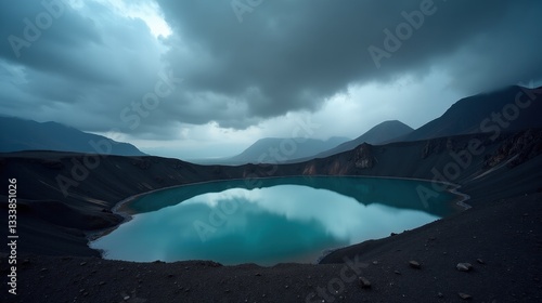 Fototapeta Naklejka Na Ścianę i Meble -  Volcanic lakes at dusk, with storm clouds rolling in and rain hitting the rugged landscape. The turbulent spring weather intensifies the scene. A high-quality professional photo.