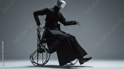 A full shot of a person sitting in a modern wheelchair against a neutral grey background. The individual is wearing a long, dark-colored outfit with wide, flowing pants.  The attire appears to be