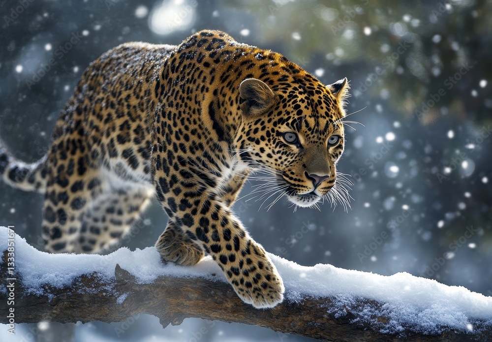 Majestic leopard gracefully walks on a snow-covered log in a serene winter landscape with soft snowflakes falling around its majestic figure Majestic leopard gracefully walks on a snow-covered log in a serene winter landscape with soft snowflakes falling around its majestic figure