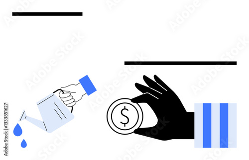 Hand pouring water from a pitcher and black hand holding a coin. Ideal for investment, funding, resource management, financial growth, sustainability, donation, savings. Flat simple metaphor