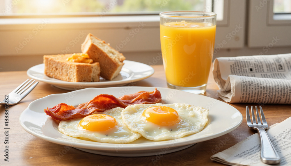 Fototapeta premium Breakfast plate with fried eggs, bacon, toast, and orange juice